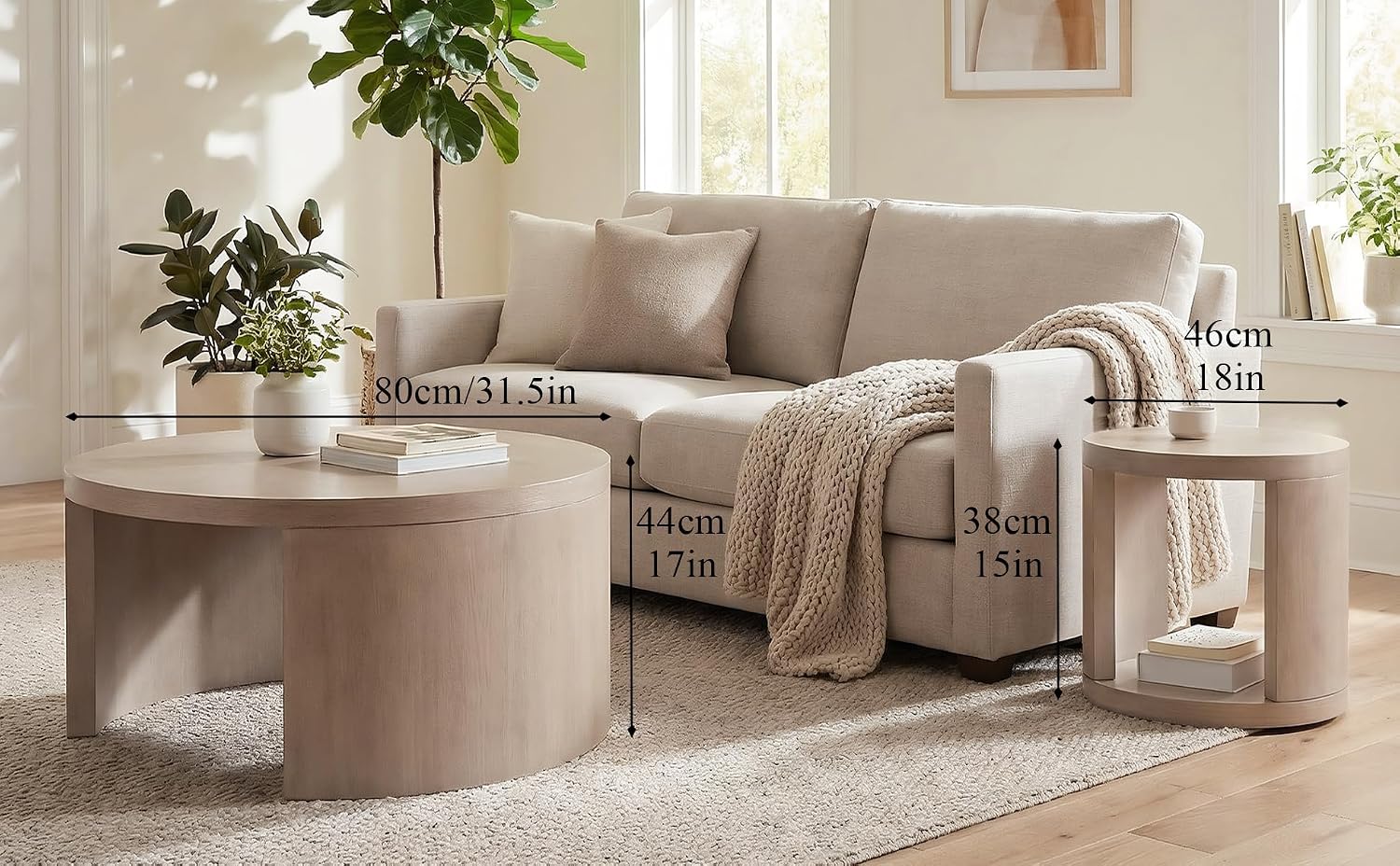 Round Coffee Table Set of 2, Nesting Coffee Tables with Storage, Living Room Table Set, Modern Wood Center Table for Living Room, Apartment, 31.5' & 18' Accent Table Set, Gray