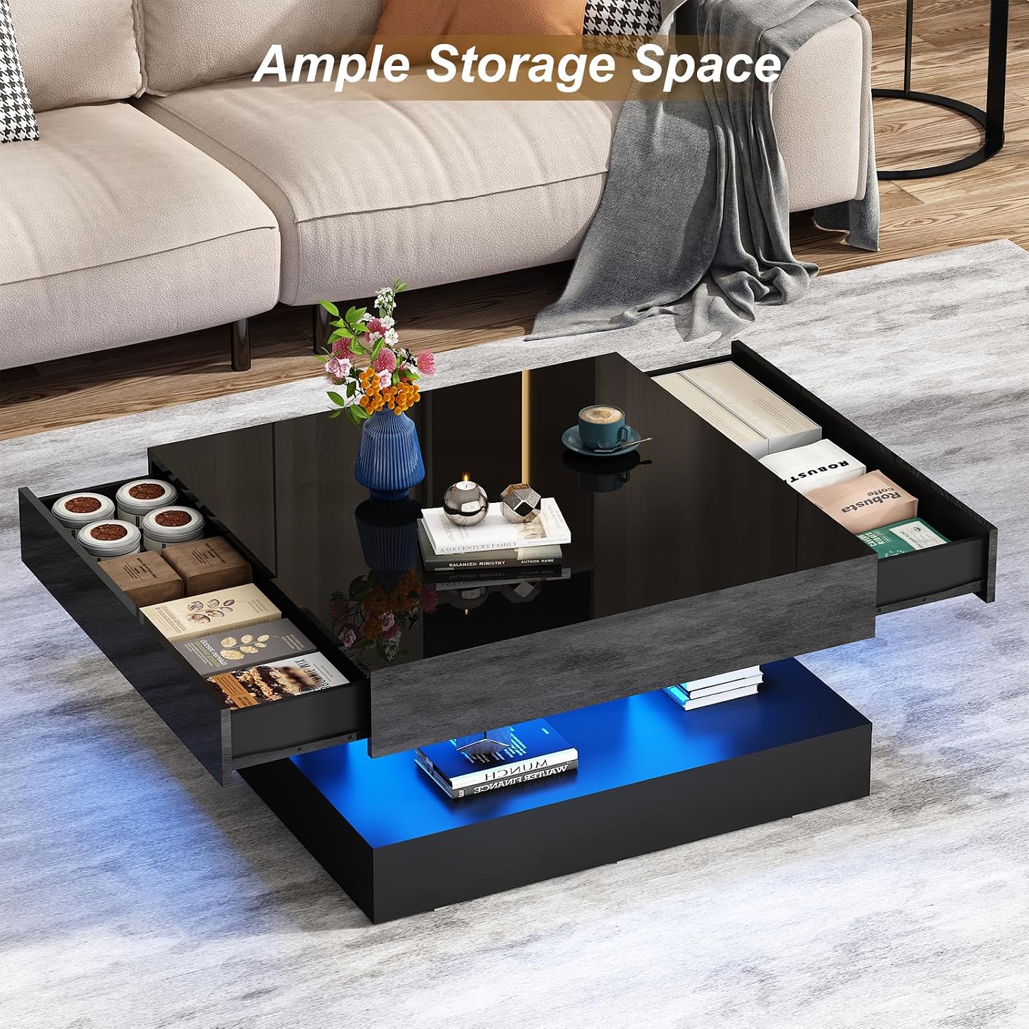 jiteentarou 33.9' LED Coffee Table with Storage, Modern High Glossy Living Room Table w/2 Drawers,Double-Layer Design Large Square Center Table for Living Room, Home, Office, Black