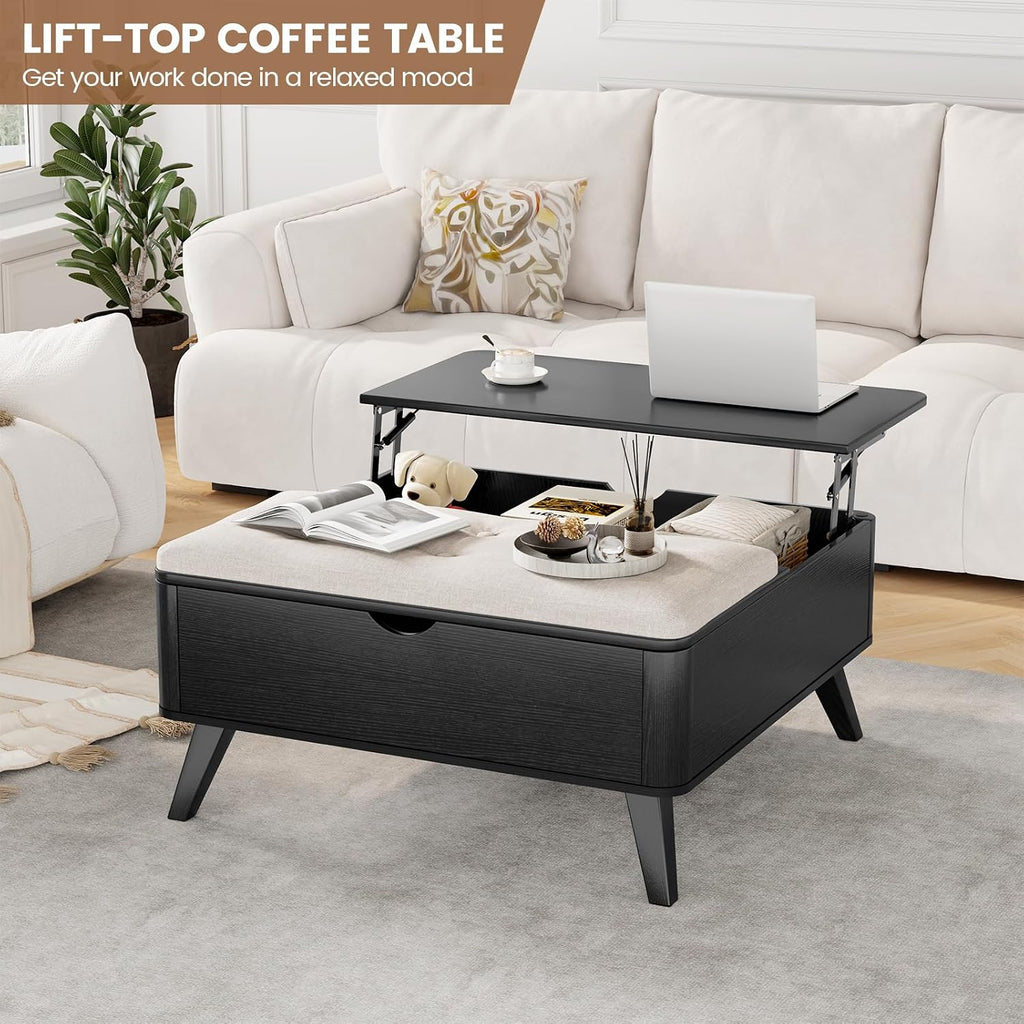 VOPEAK Lift Top Coffee Table with Storage, Large Square Coffee Table with Thickened Cushion, Family Gathering Center Table, Modern Wooden Coffee Tables for Living Room, Solid Wood Legs, Black
