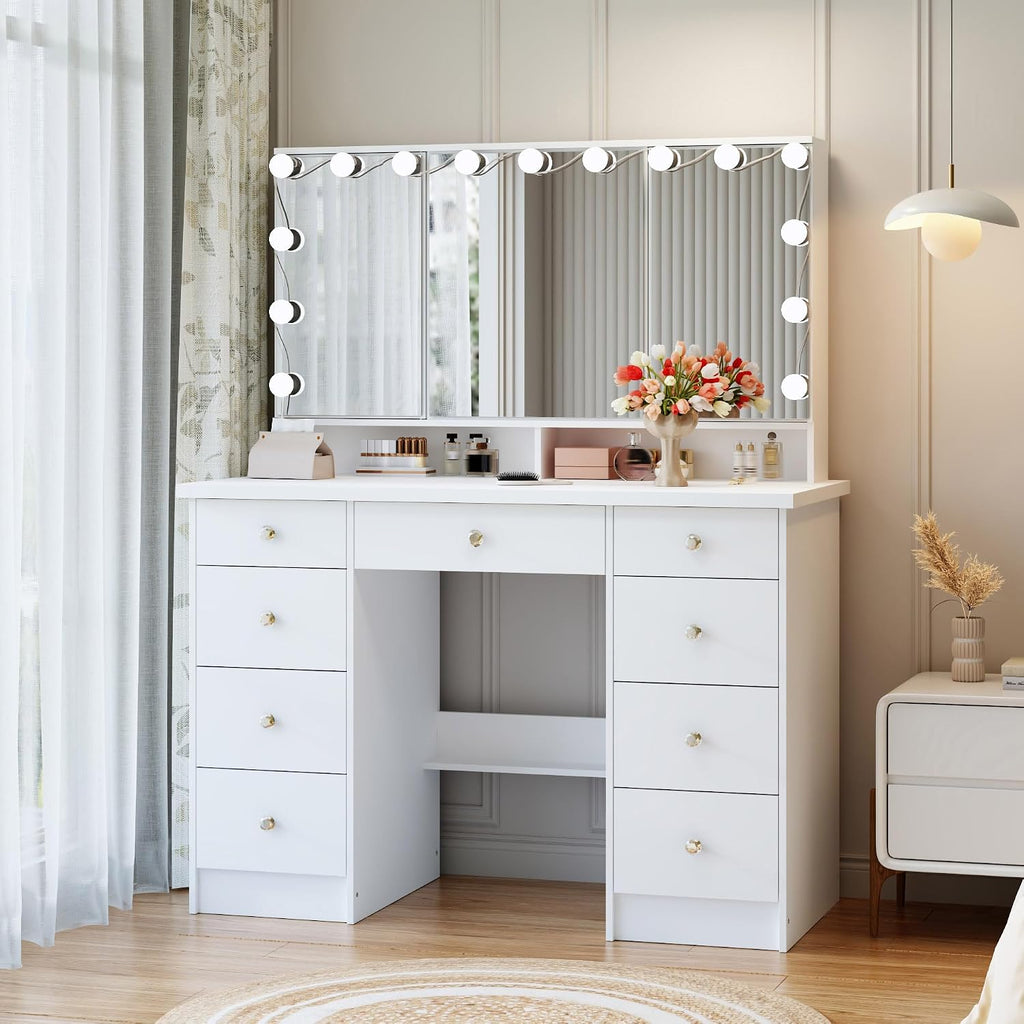Timechee Vanity Mirror with Lights, Makeup Corner Vanity Desk Set with 9 Storage Drawers, 4 Large Shelves, 3 Color Lighting Options, Small Bulbs for Bedroom, White