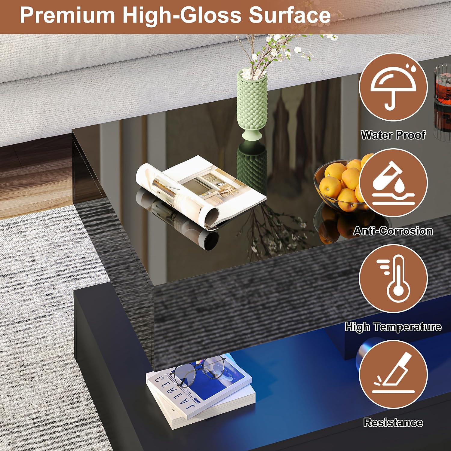 47.2' Modern High Glossy LED Coffee Table with 2 Sliding Storage Drawers, Black Living Room Tables for Living Rooms,Dining Room,Bedroom Home Office,APP LED Lights(Black)