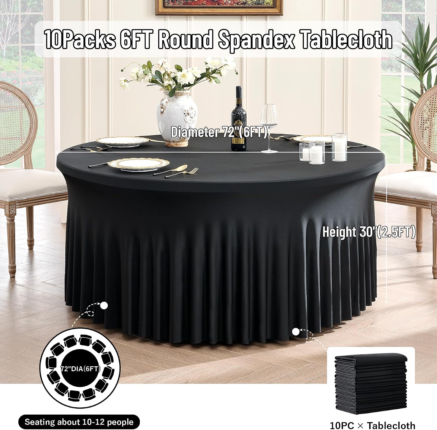 leegleri 10 Pack Spandex Black Round Tablecloths for 72in Table, Wrinkle Free Fitted 6FT Round Table Cover with Skirt for Wedding Birthday Party Bridal Shower Banquet