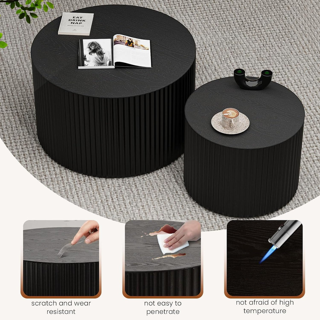 Round Wood Coffee Table Set of 2 Modern Round Fluted Nesting Coffee Tables Handcrafted Wooden Circle Nesting Table for Living Room for Small Space (Black (D27.56+D19.69 inch))