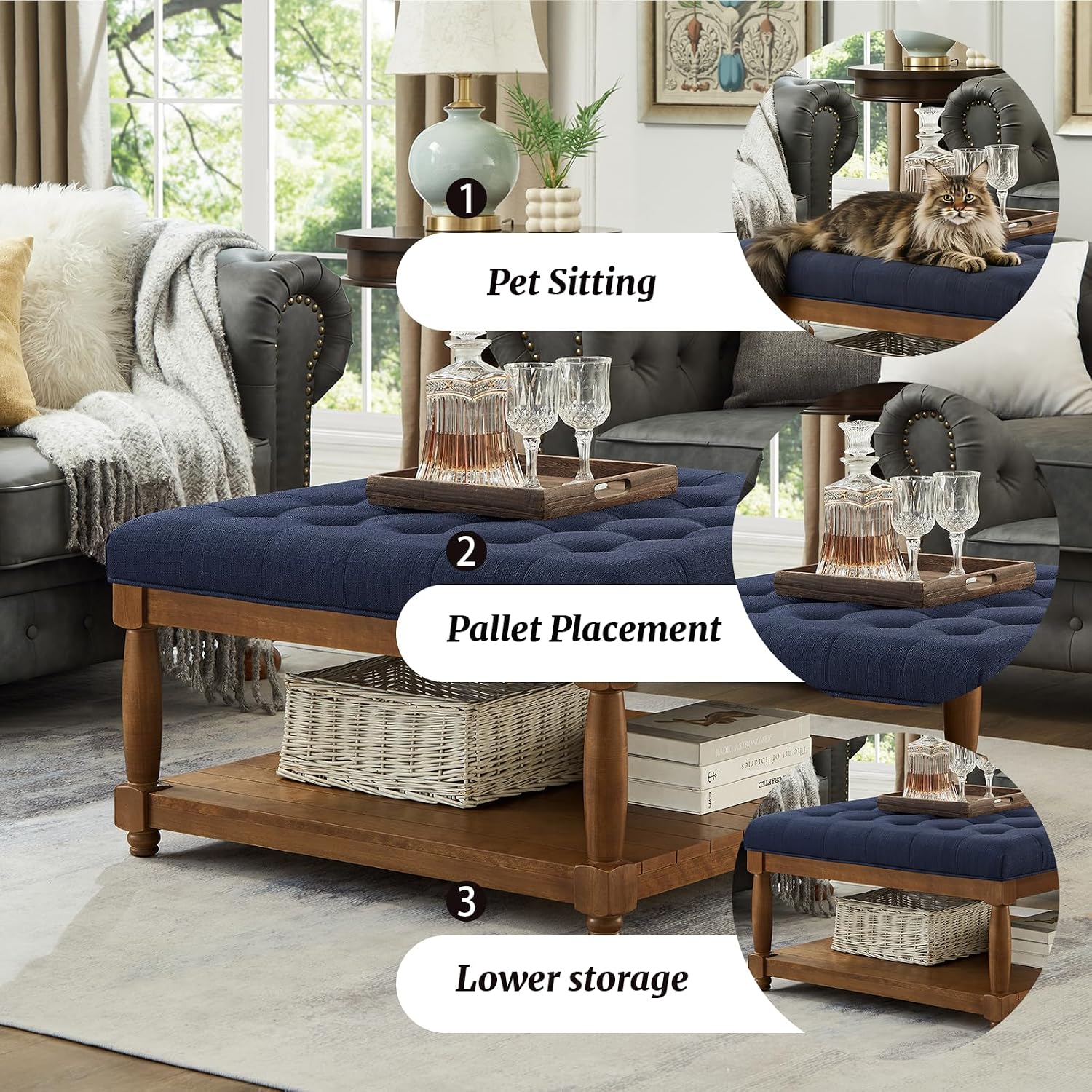 Ottoman Coffee Table, Upholstered Square Coffee Table with Storage Solid Wood Shelf, Linen Large Footrest Ottoman Pouf for Living Room, Navy Blue
