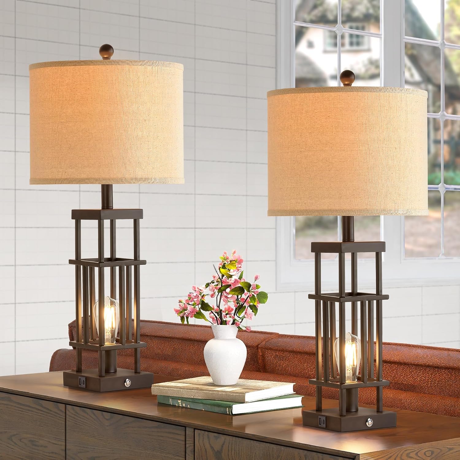 29.5' Table Lamps for Living Room Set of 2, Farmhouse Table Lamps with USB C+A Ports, Touch Control Bedside Lamps with Oil Rubbed Bronze Finish, Bulbs Included