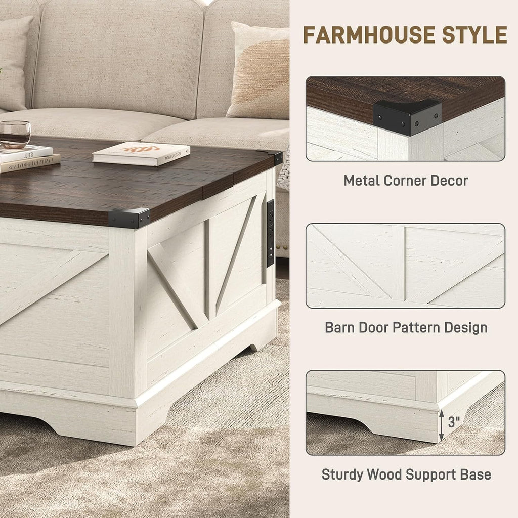 Hlivelood 40' Large Farmhouse Lift Top Coffee Table with Power Outlets and Large Hidden Storage, Square Wood Living Room Tables, Multi-Function Lift Wooden Barn Door Center Table, Rustic White