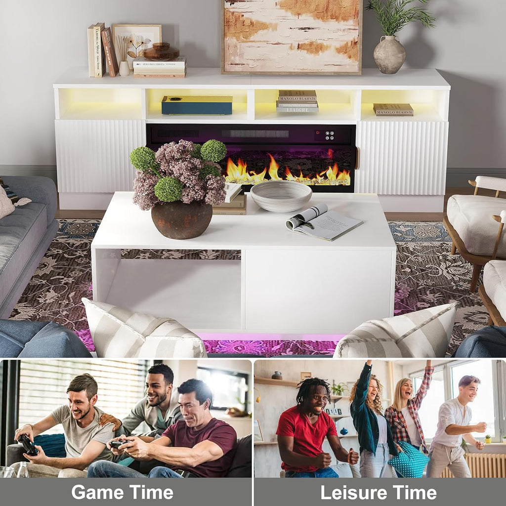 LED White Coffee Table for Living Room with Drawer & 16 Colors Lights, 43.3IN High Gloss Modern Coffee Table with Storage Space, Rectangle Side Central Table