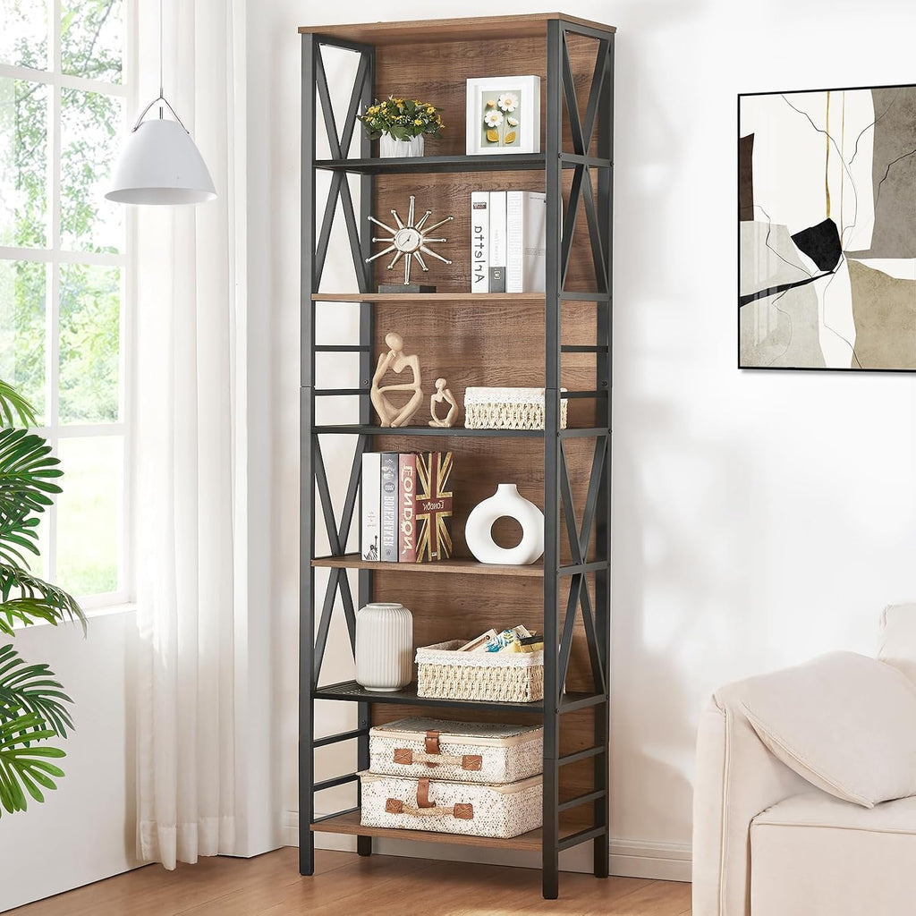 HOMISSUE Tall Bookshelf, 7-Tier Book Shelf, Rustic Wood Metal Bookshelves and Bookcases, Freestanding and Industrial Open Bookcase for Home Office, Living Room and Bedroom, Vintage Brown