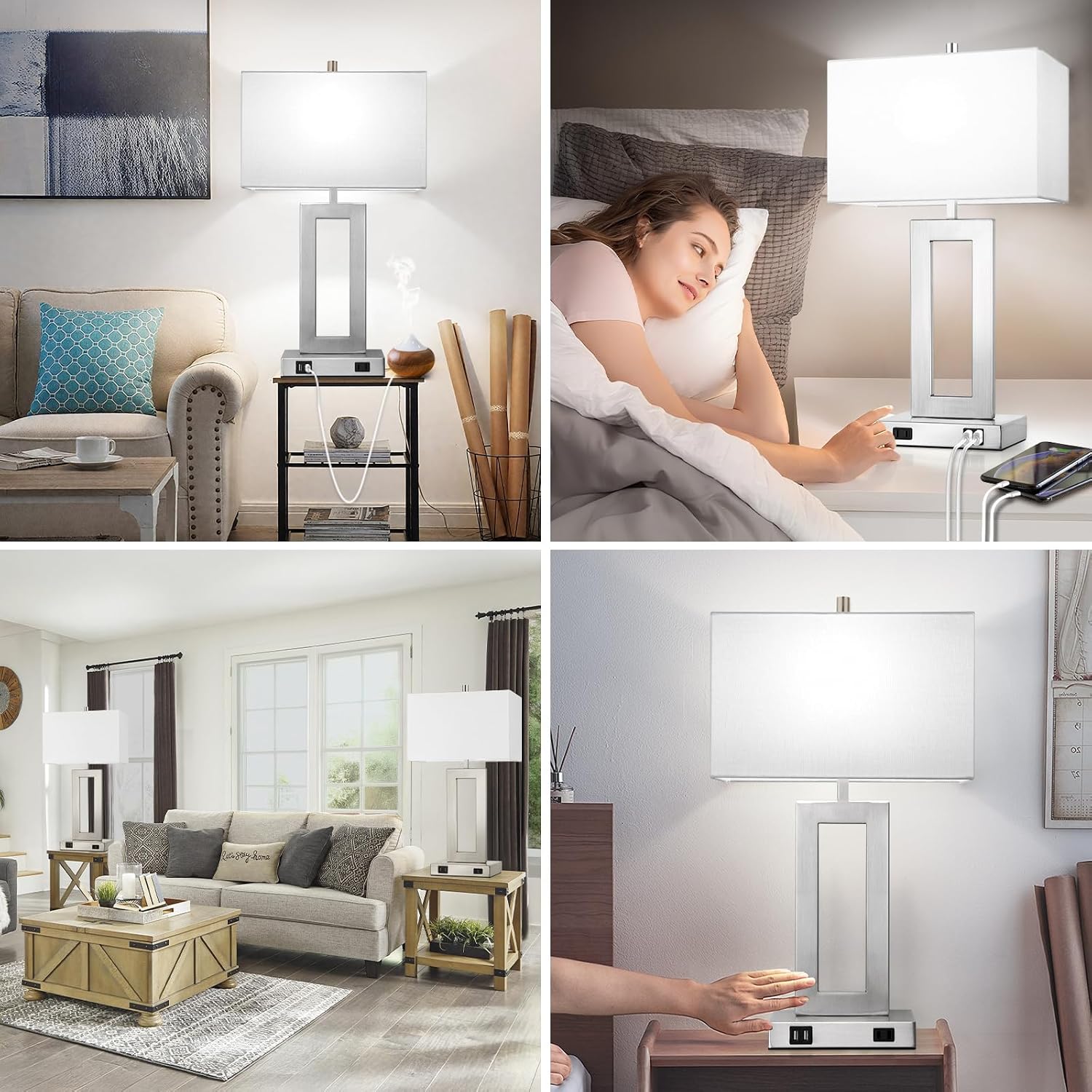 TOBUSA Modern Silver Table Lamps Set of 2, 28inch Tall Lamps for Living Room Bedroom with 2 USB Ports&AC Outlet, 3 Way Dimmable Touch Control Desk Lamps for Reading Home Office, 2 Bulbs Included