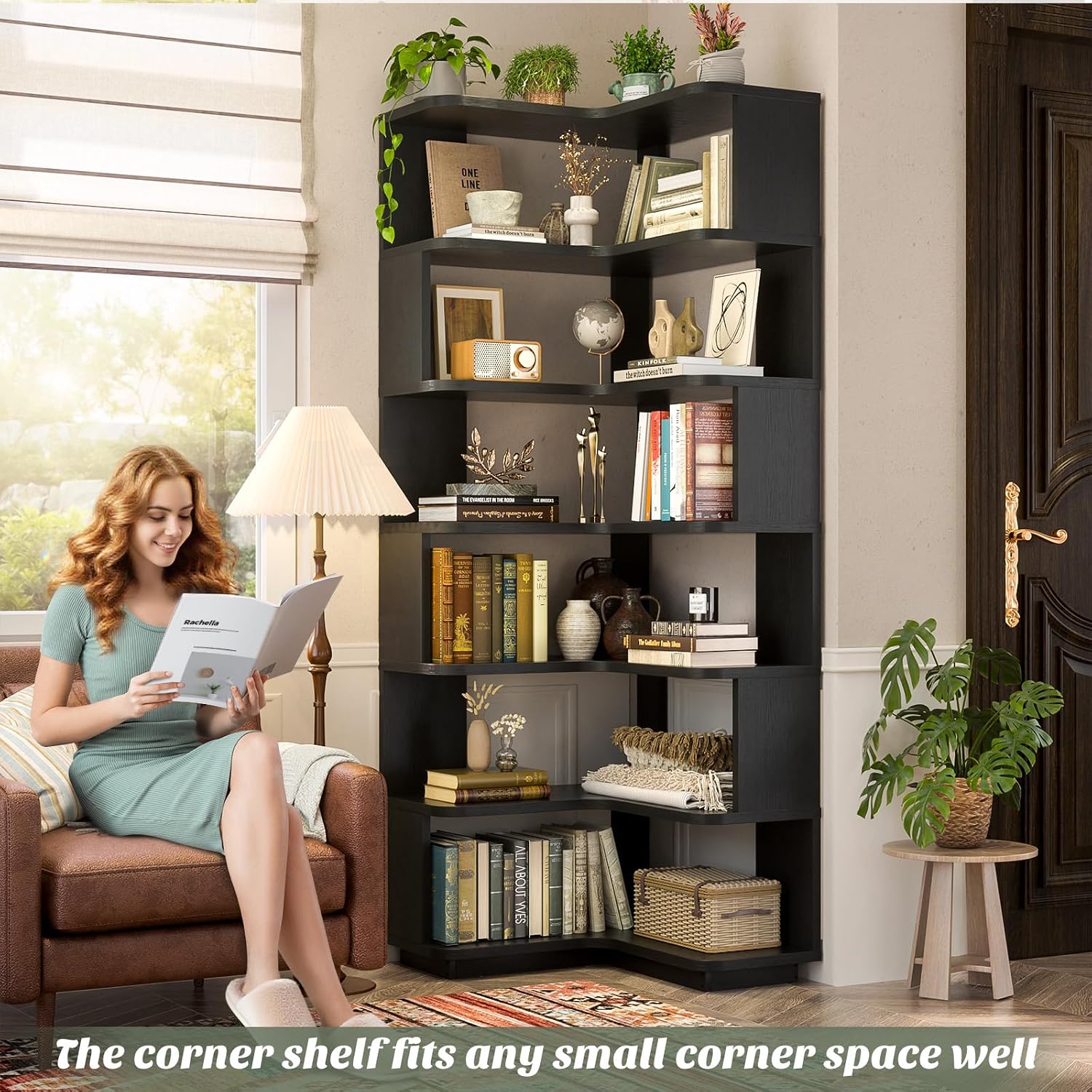 Armocity Corner Book Shelf - 7 Tier Corner Bookshelf Etagere Bookcase with Baffle, Freestanding L Shaped Display Shelf Stand for Home Office, Living Room, Bedroom, Kitchen, Black