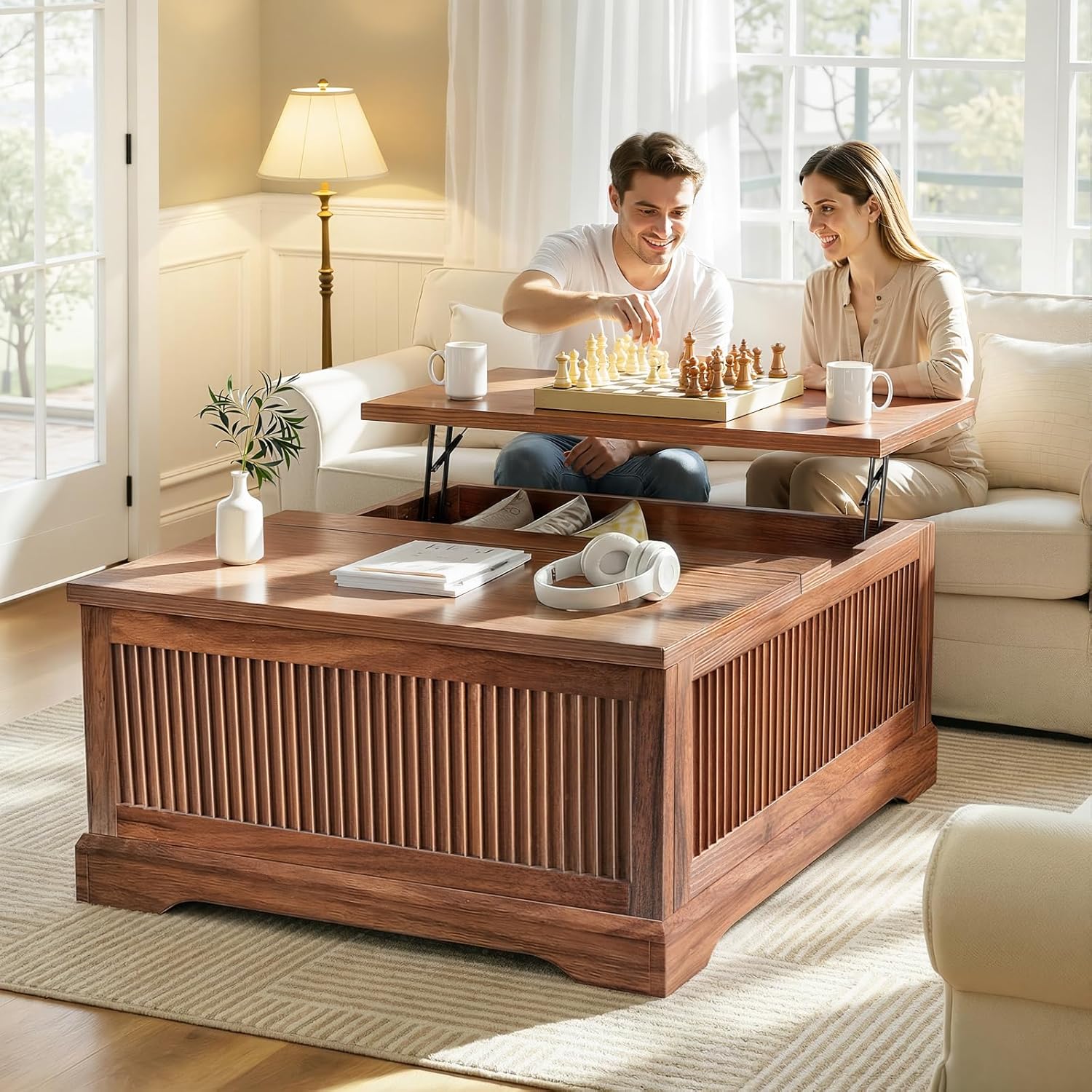 Memobarco Lift Top Coffee Table with Storage, Fluted Coffee Tables with Lifting Top, Modern Farmhouse Square Center Table for Living Room, Home Office, with Hidden Compartment, Flip-Up Lids, Walnut
