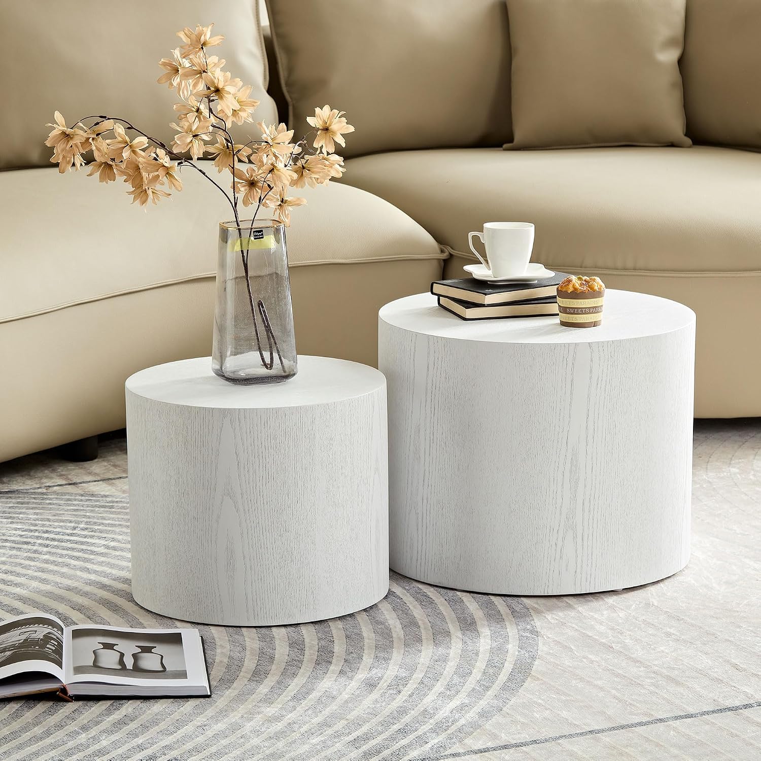 Small Round Nesting Coffee Table Set of 2, Wood Grain Circle Side End Accent Tables for Small Spaces Living Room Bedroom Balcony Office, White