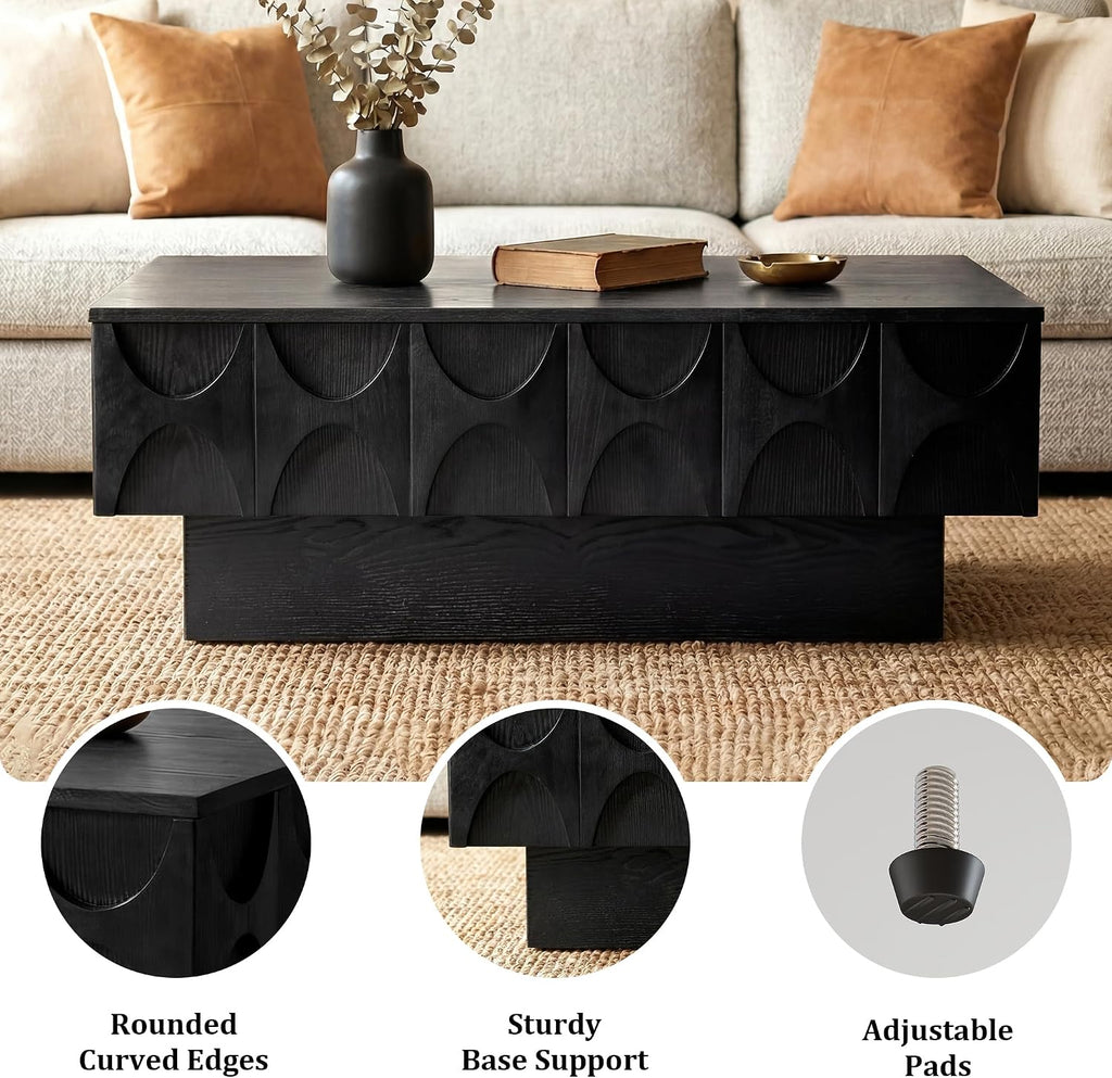 Solid Wood Veneer Coffee Table with Storage & Sliding Top, 38.6' Modern Mid Century Rectangle Center Table for Living Room, Home Office, Black
