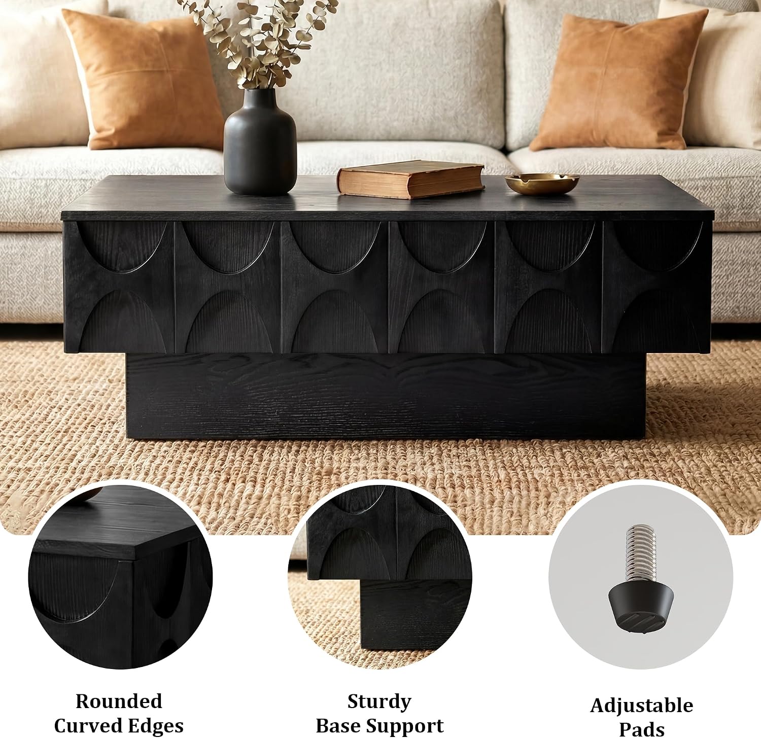 Solid Wood Veneer Coffee Table with Storage & Sliding Top, 38.6' Modern Mid Century Rectangle Center Table for Living Room, Home Office, Black