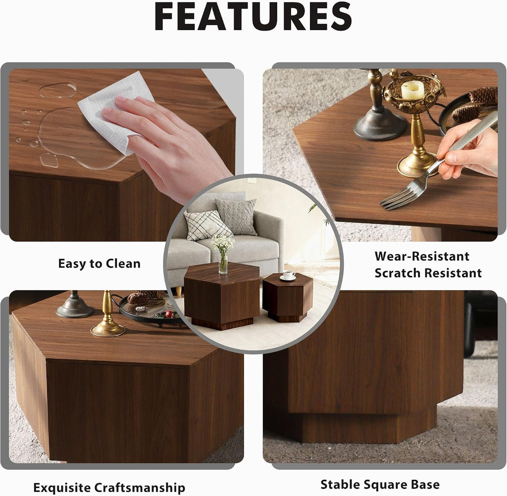 Hexagonal Nesting Coffee Tables Set of 2, Walnut Coffee Table with Storage, Mid Century Modern Center End Side Tables with Anti-Slip Feet for Living Room Farmhouse Apartment Office