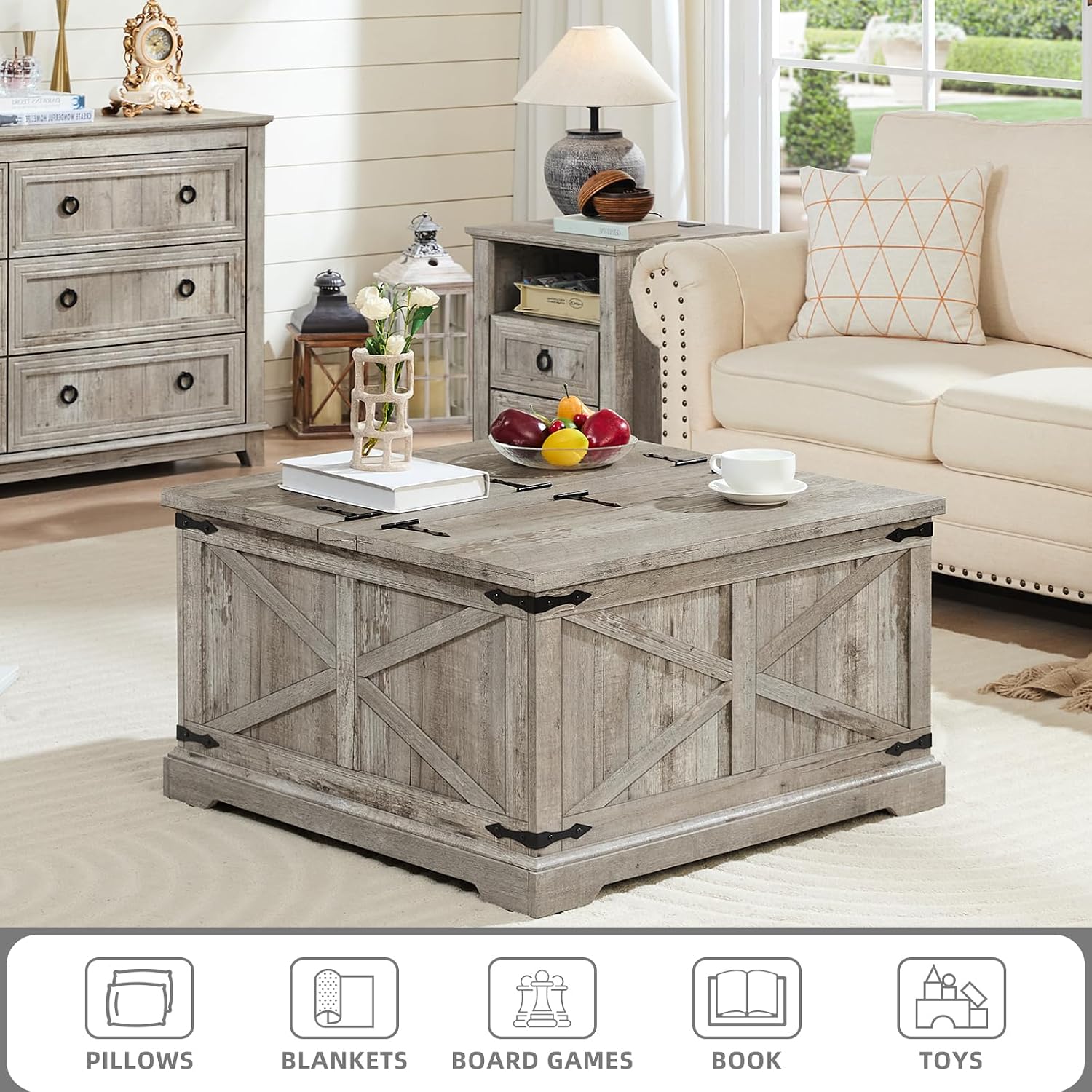 Joaxswe Farmhouse Coffee Table with Large Hidden Storage Compartment, Light Oak Square Center Table, Wood Rustic Low Modern Living Room Tables with Hinged Lift Brown Top & Wooden Arc Base