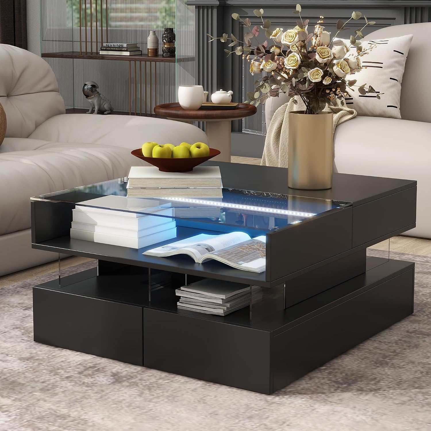 High Gloss LED Square Coffee Table 29.5-Inch Modern Lift-Top Center Cocktail Table with Storage & Glass Top for Living Room, Black