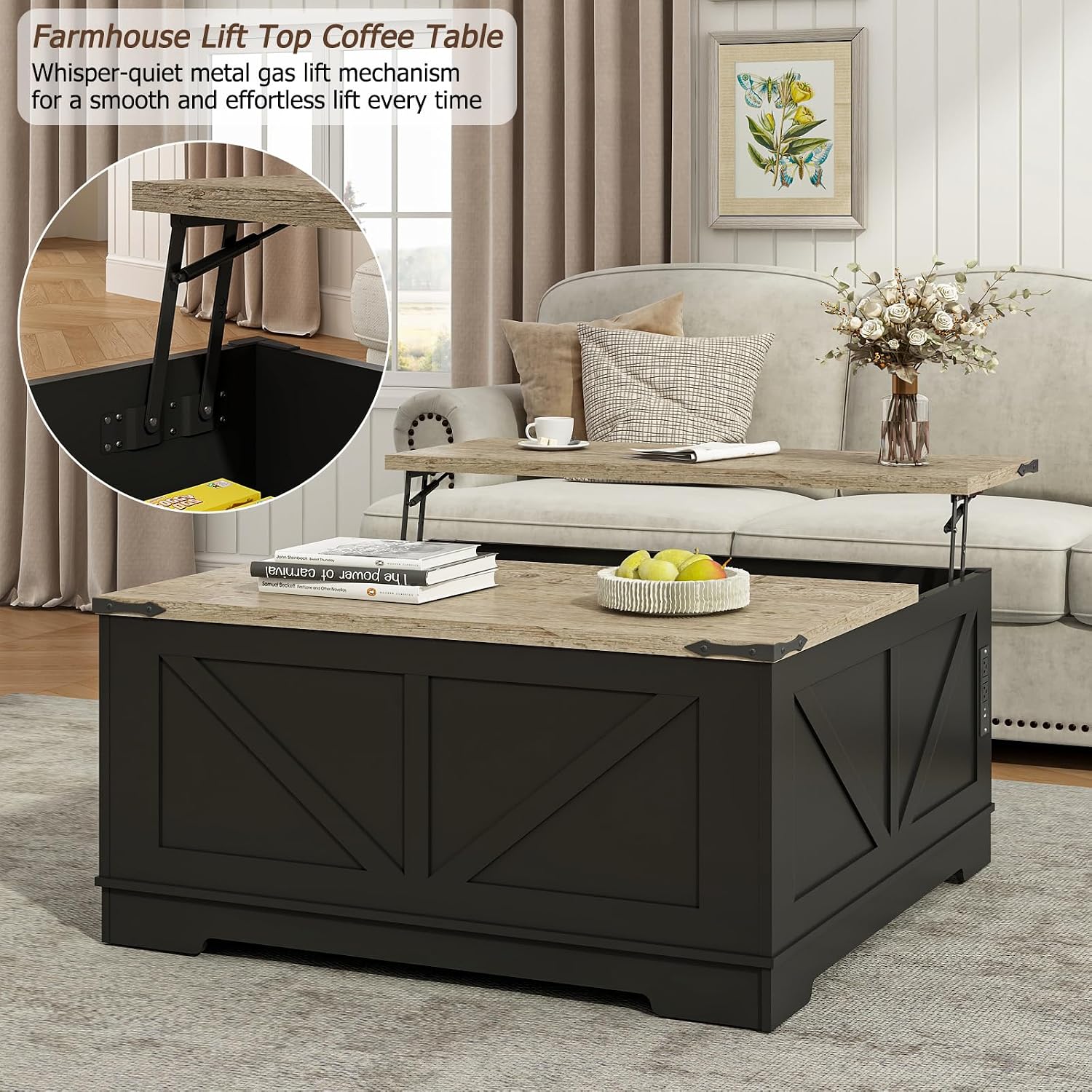 EAG 40' Large Farmhouse Lift Top Coffee Table with Hidden Compartment & Power Outlets, Square Wooden Coffee Table with Multi-Function Flip-Top Ample Storage Center Table for Living Room, Black