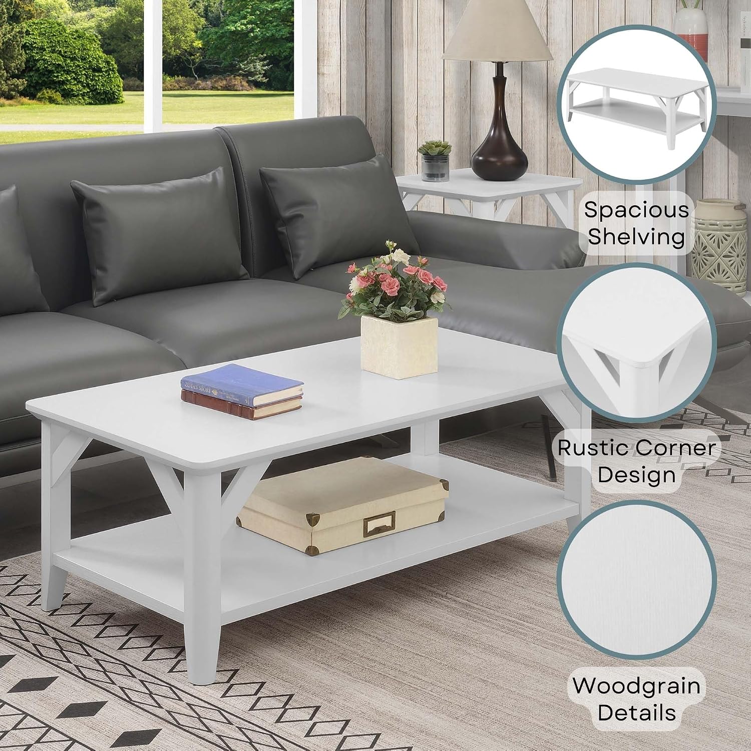 Convenience Concepts Winston Coffee Table 47.25' - Modern Center Room Accent with Storage Shelf for Transitional, Traditional Living & Family Room, White