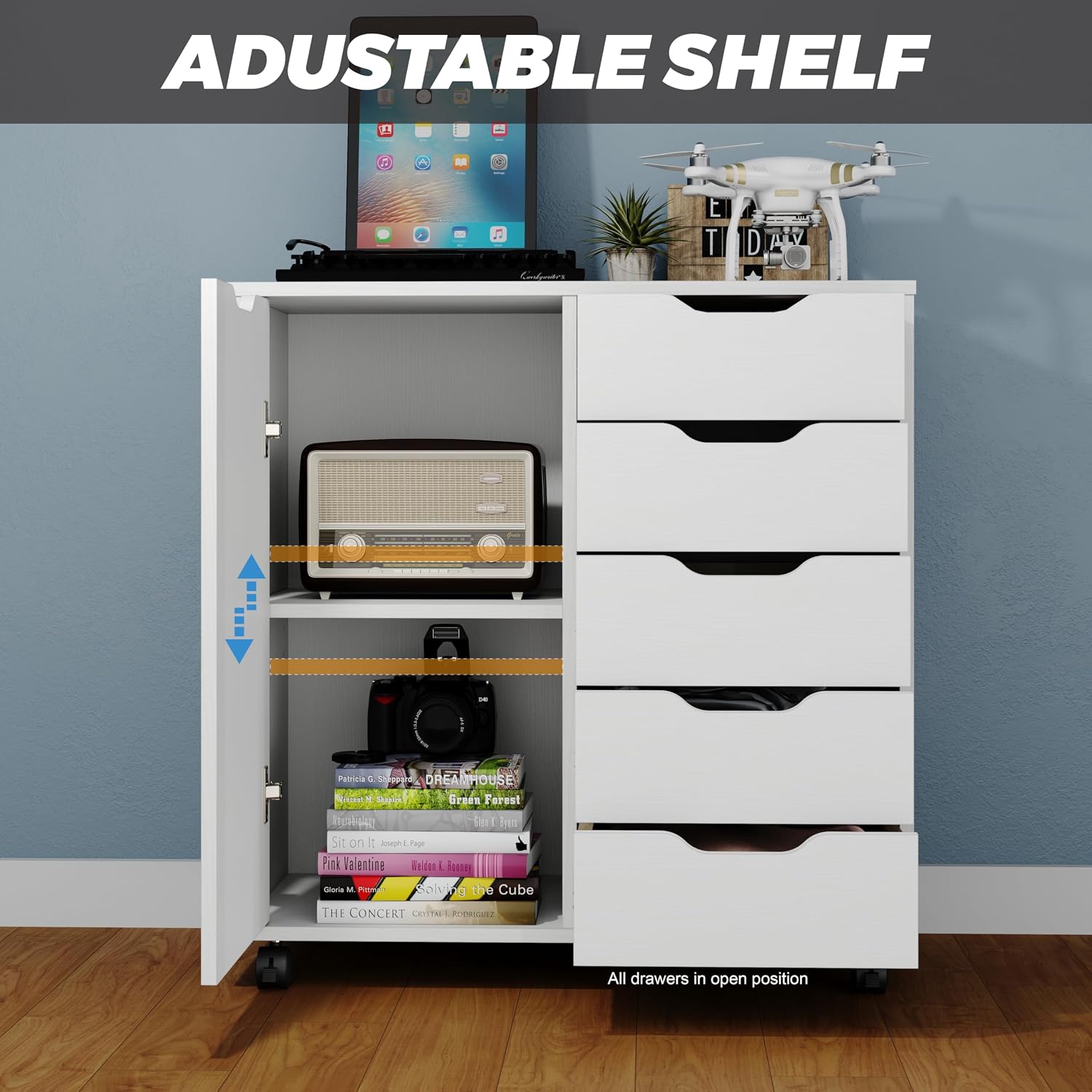 Panana 5-Drawer Chest with 1 Door, Wooden Chest of Drawers Storage Dresser Cabinet with Wheels, Office Organization and Storage, Bedroom Furniture (White-S)