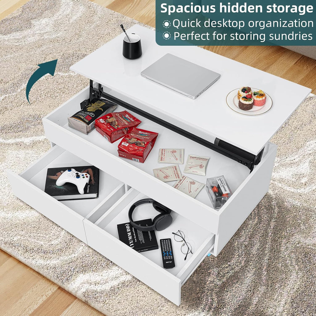 HOMMPA 40'' Lift Top Coffee Table for Living Room, White Coffee Tables with Storage, LED Modern Coffee Table Rectangular White Gloss, Flip Top Center Table with 2 Drawers and Hidden Compartment