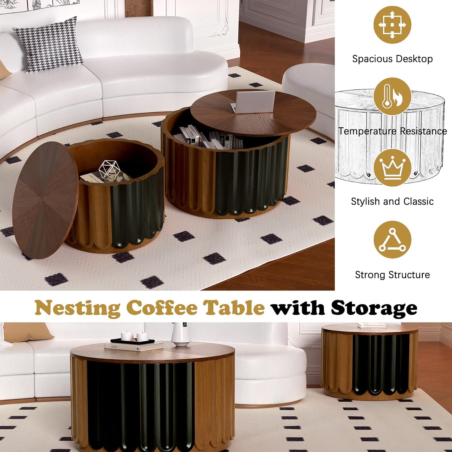 Round Nesting Coffee Table Set of 2 Wooden Round Fluted Coffee Tables with Storage, Modern Drum Side End Table Wooden Circle Accent Side Table for Living Room Bedroom, No Assembly (Brown 26.8'+19.7')