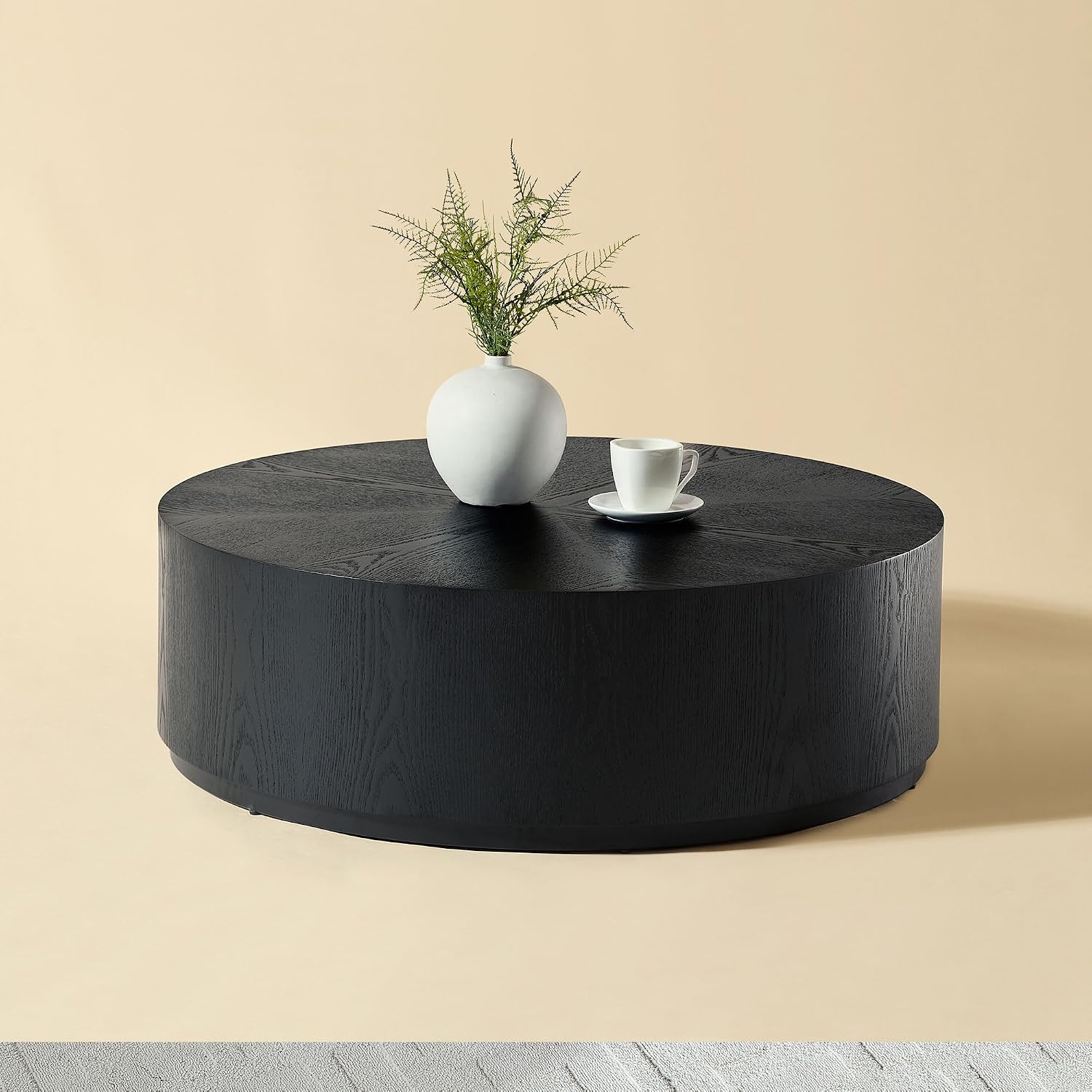 WILLIAMSPACE 35.43' Round Coffee Table for Living Room, Modern Wooden Drum Coffee Table Circle Center Table Side Table End Table for Apartment Office, No Need Assembly (Black)