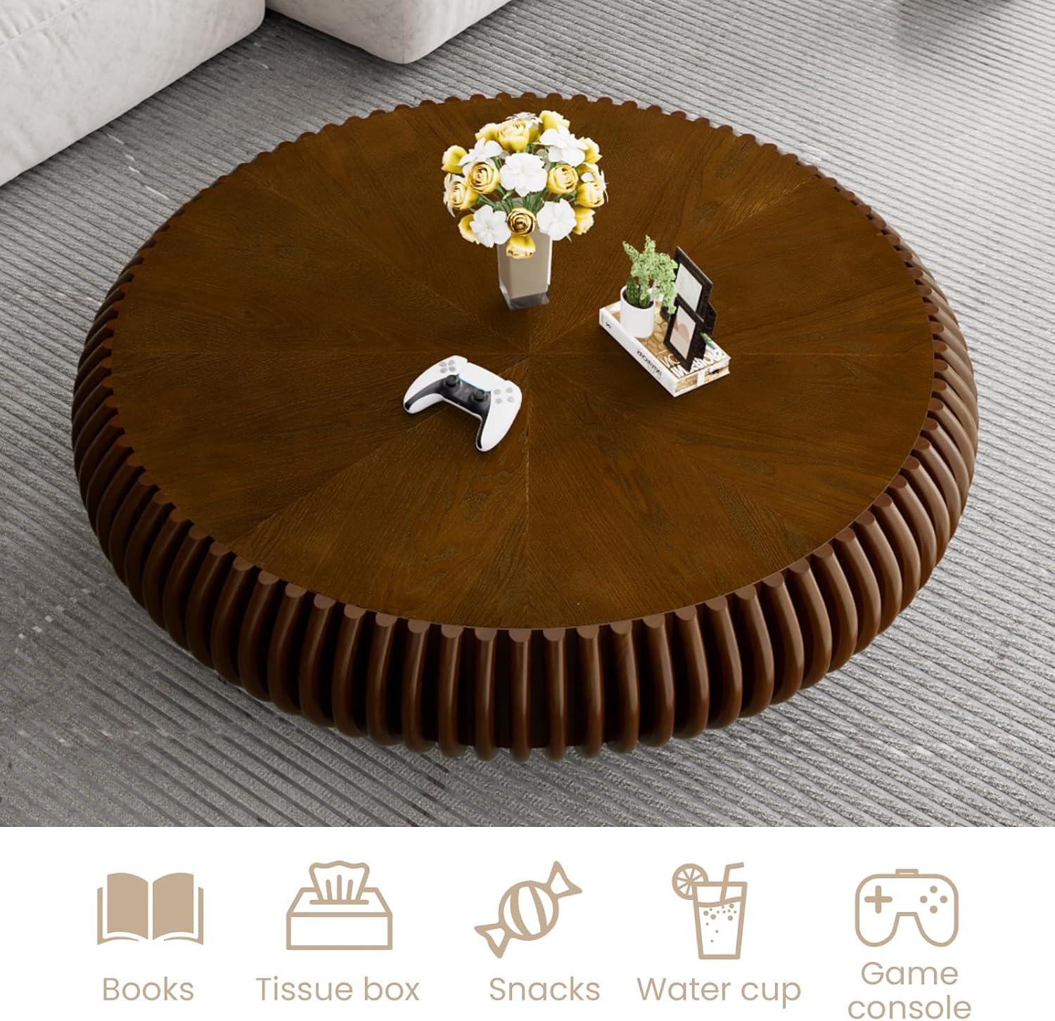 Fluted Drum Coffee Table Round Coffee Table for Living Room Mid Century Modern Coffee Tables with Sturdy Pedestal Circle Center Tea Table Accent Tea Table for Small Space Apartment (39.4inch Walnut)