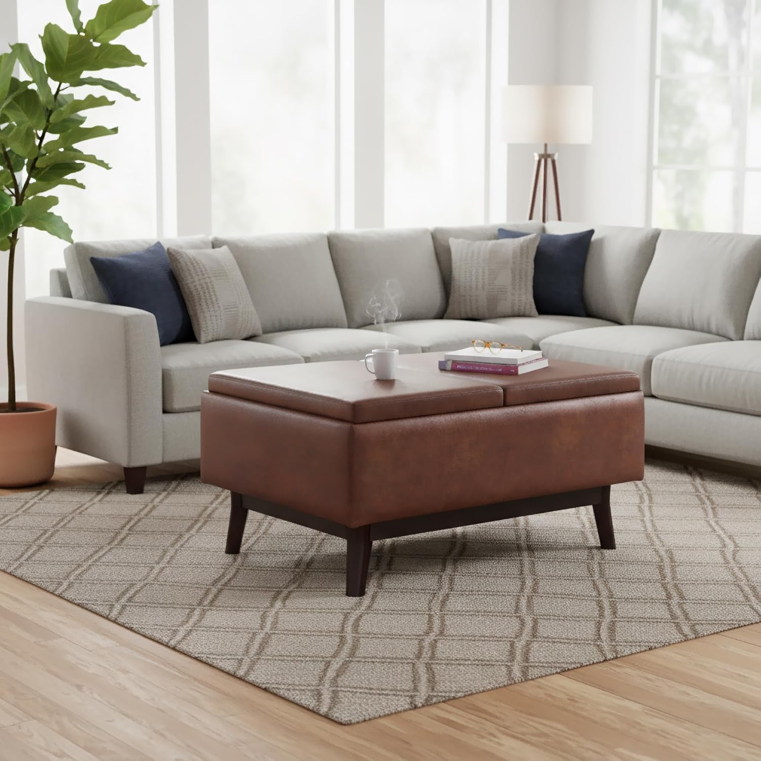 SIMPLIHOME Owen Small Coffee Table Storage Ottoman - 34 inch Wide Upholstered Vegan Leather Rectangle Ottoman in Distressed Pecan Brown, Mid-Century Modern Ottoman for Entryway with Serving Trays