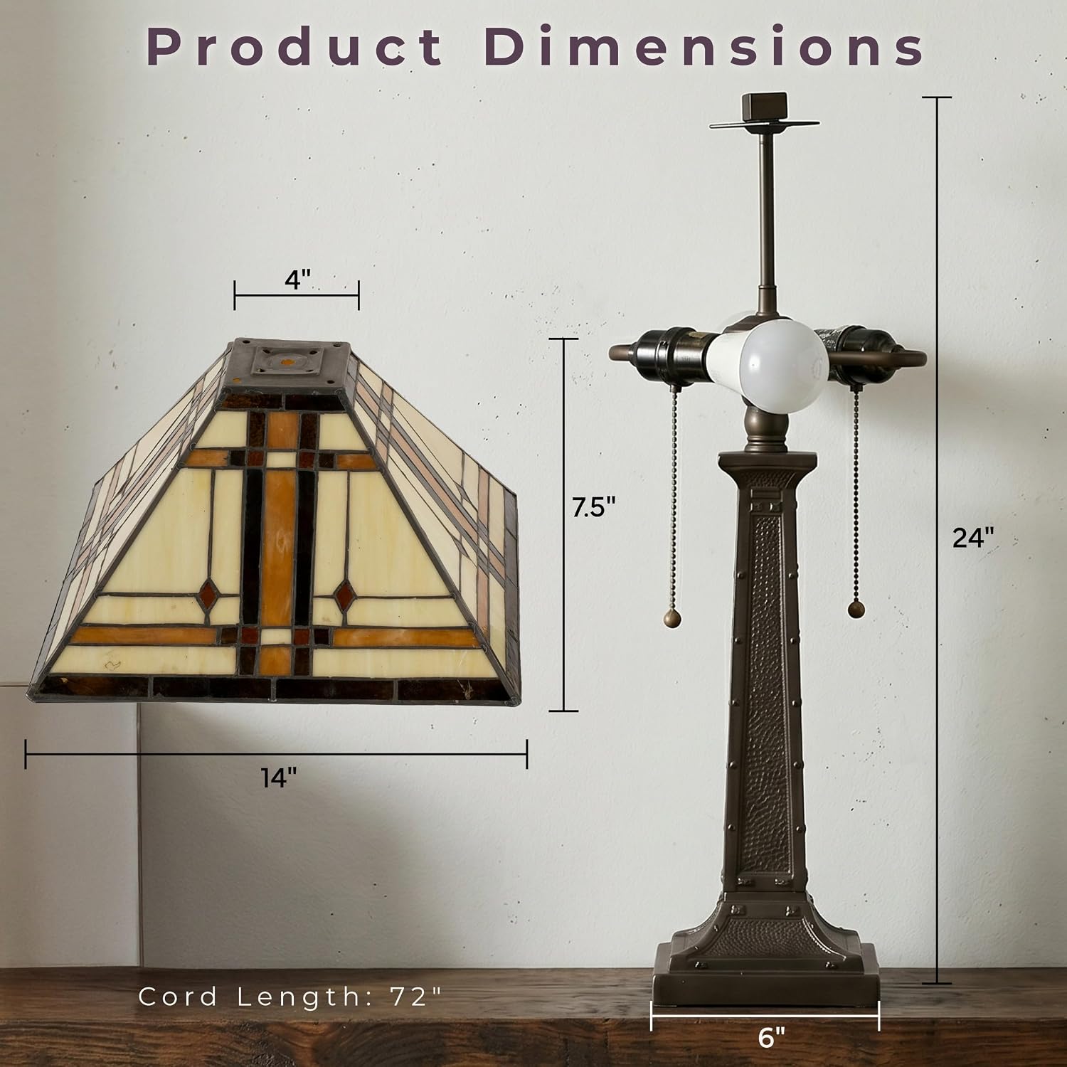 Lavish Home Tiffany-Style Table Lamp – Mission-Design Art Glass Lighting with 2 LED Bulbs Included – Vintage-Look Handcrafted Room Décor