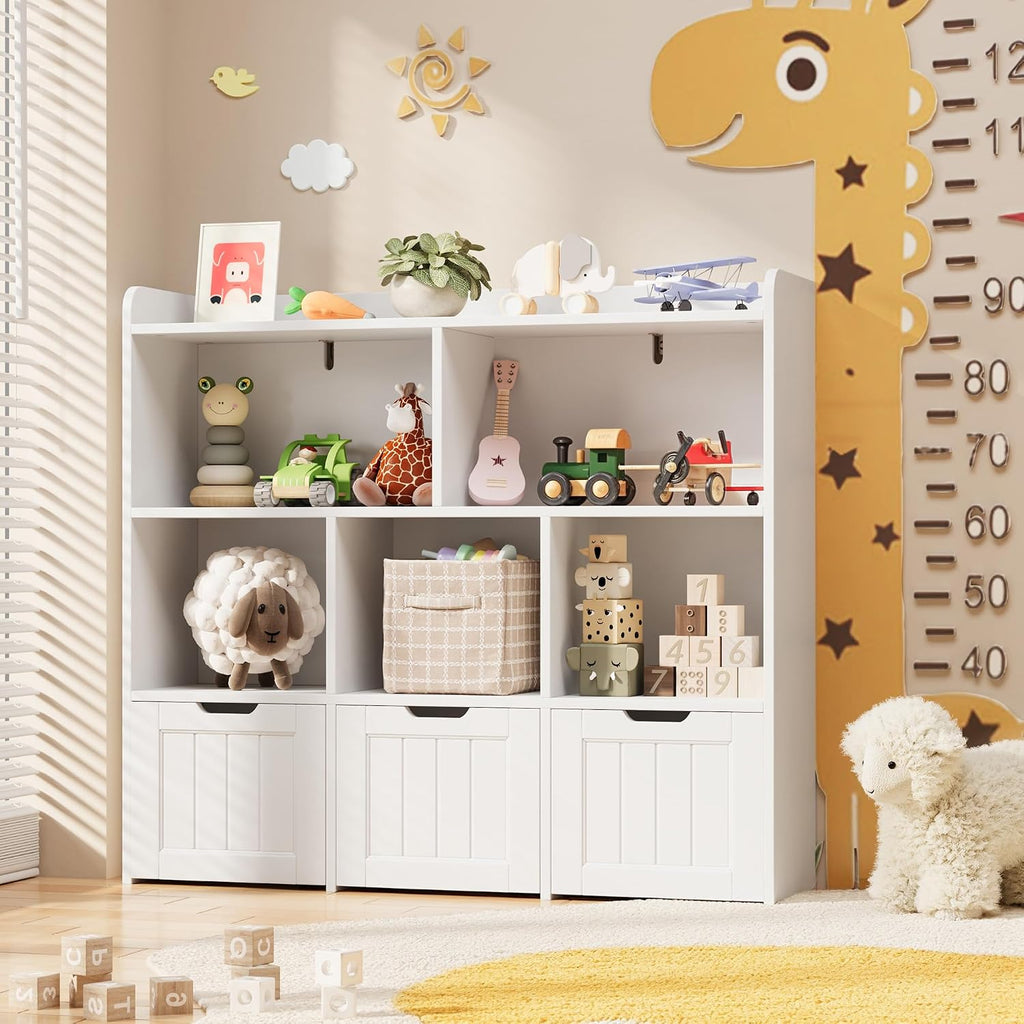 Gizoon Toy Storage Organizer with 3 Movable Drawers and 6 Open Shelves Kids Bookshelf Featuring Fall Prevention Barrier for Playroom Nursery Kids Room Organization, White, Painted