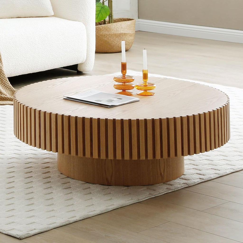 JUSTONE 39.4' Round Wood Coffee Table for Living Room - Modern Farmhouse Oak Drum Center Table with Artisanal Carved Detailing, No Assembly(39.4' Diameter x 13.4' Height)