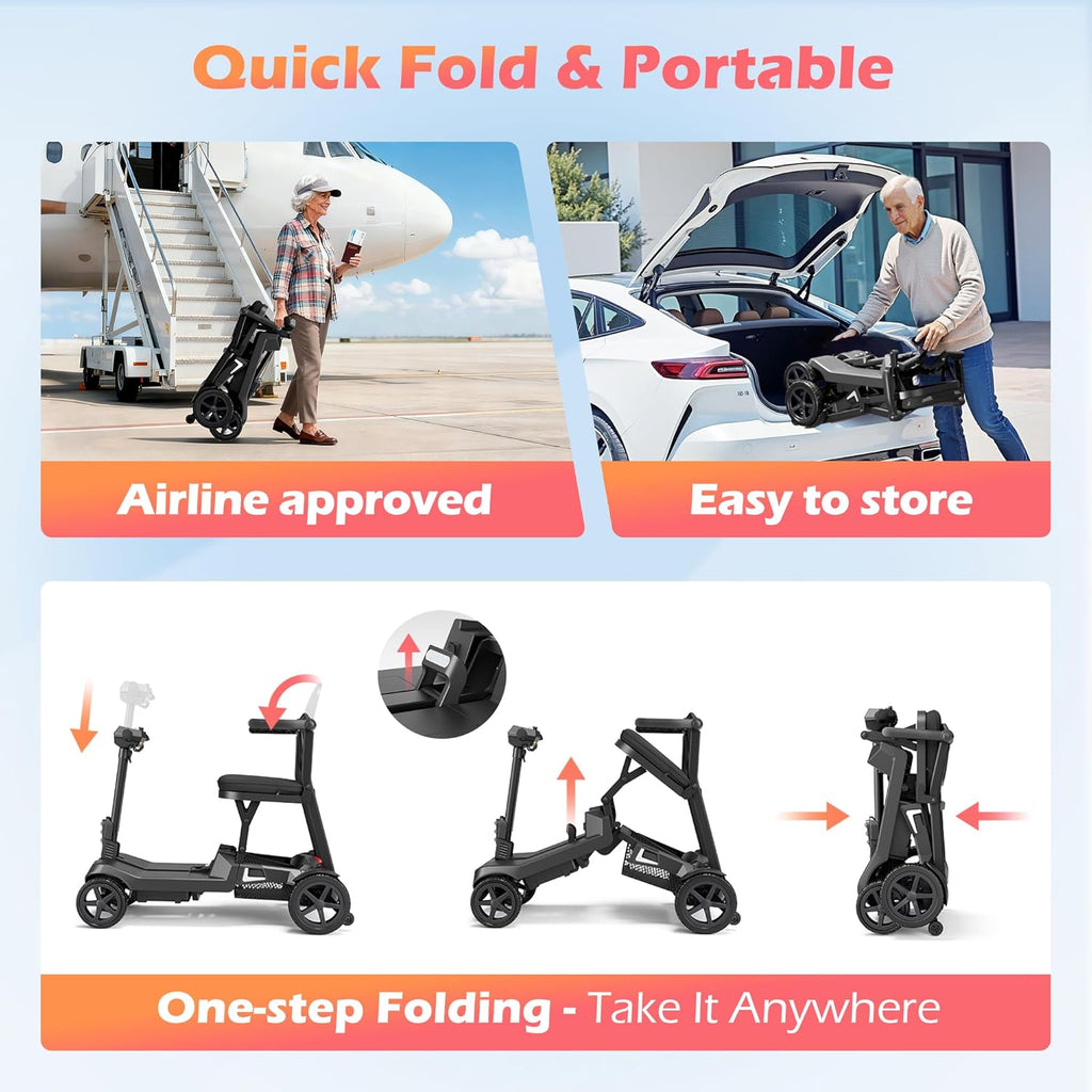 37.5lb Lightweight Mobility Scooter for Seniors & Adults - Cruise & Airline Approved, Removable Lithium Battery, Foldable Portable Travel Motorized Scooter, No Assembly Needed, 12.4Miles Range, Black