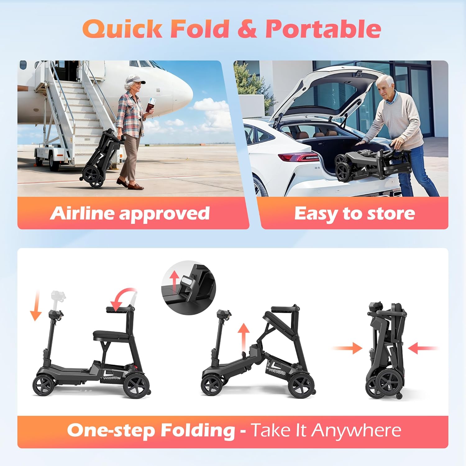 Lightweight Mobility Scooter for Seniors & Adults - 37.5 lb Dual Lithium Batteries 24.8 Miles Range, Cruise & Airline Approved, Foldable Portable Travel Motorized Scooter, No Tools Needed, Black