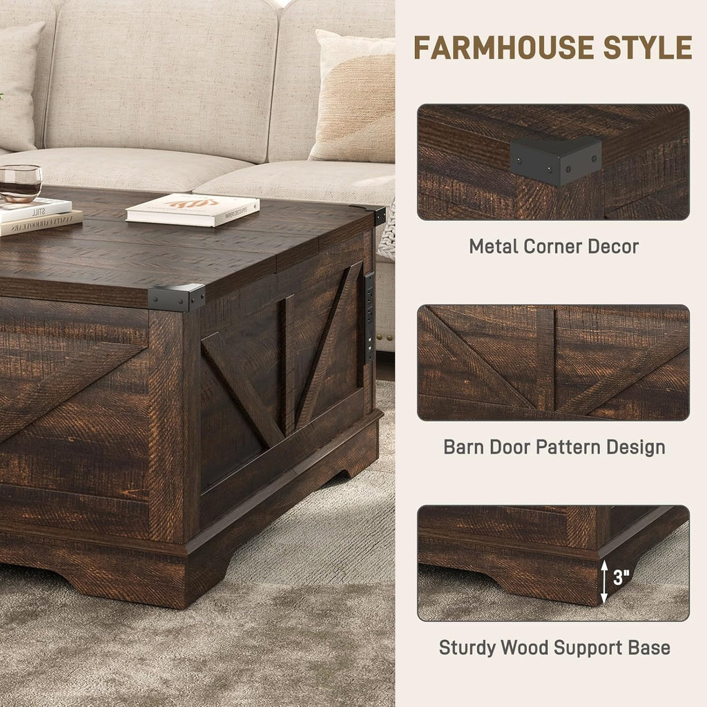 Hlivelood 40' Large Farmhouse Lift Top Coffee Table with Power Outlets and Large Hidden Storage, Square Wood Living Room Tables, Multi-Function Lift Wooden Barn Door Center Table, Brown