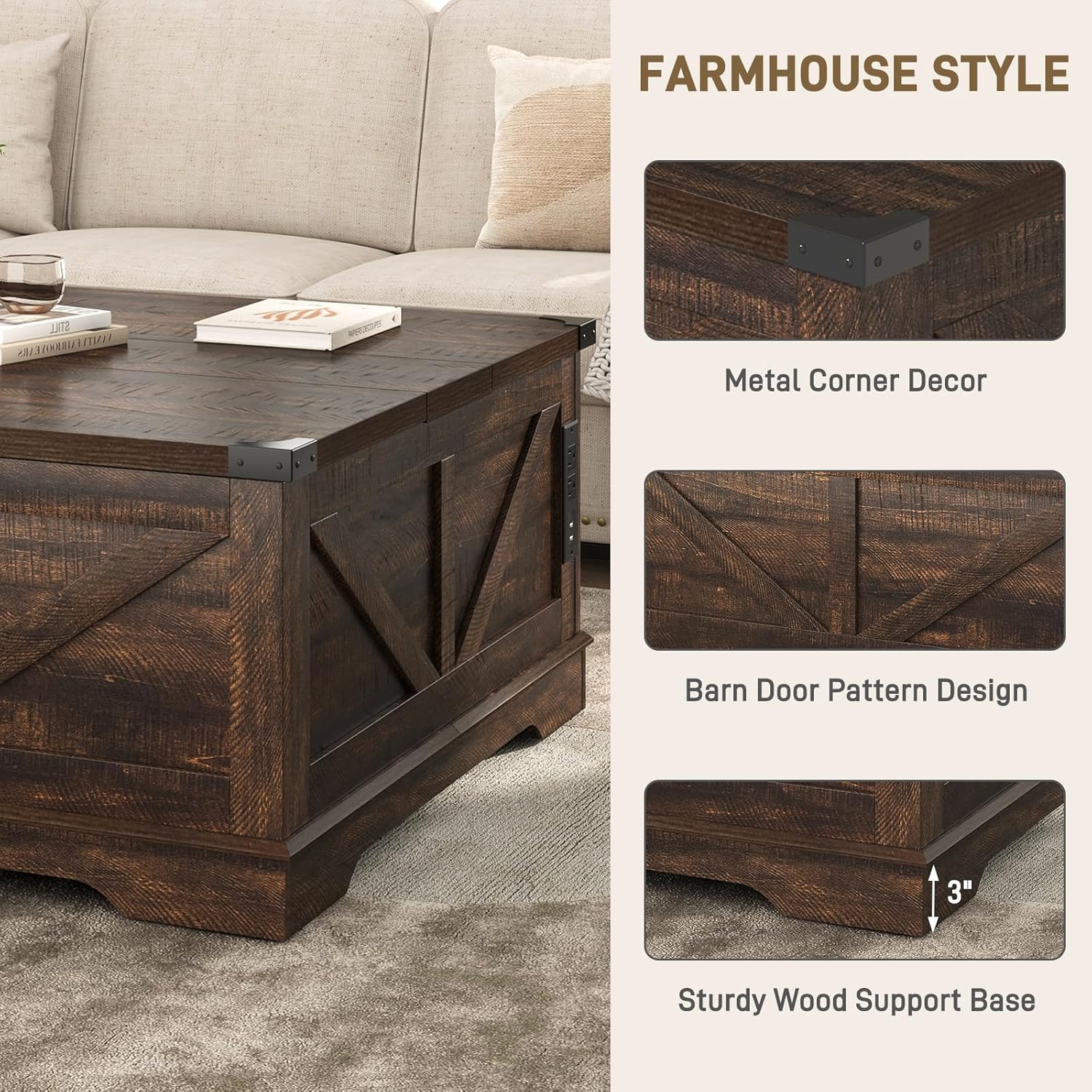 Hlivelood 40' Large Farmhouse Lift Top Coffee Table with Power Outlets and Large Hidden Storage, Square Wood Living Room Tables, Multi-Function Lift Wooden Barn Door Center Table, Brown