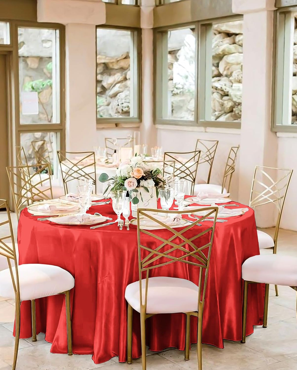 12 Pack 120 Inch Round Tablecloth, Red Satin Fabric Table Cloth for Round Tables, Wrinkle Resistant Washable TableCover Bright Silk Table Clothes for Wedding Party Dining Tables Banquet