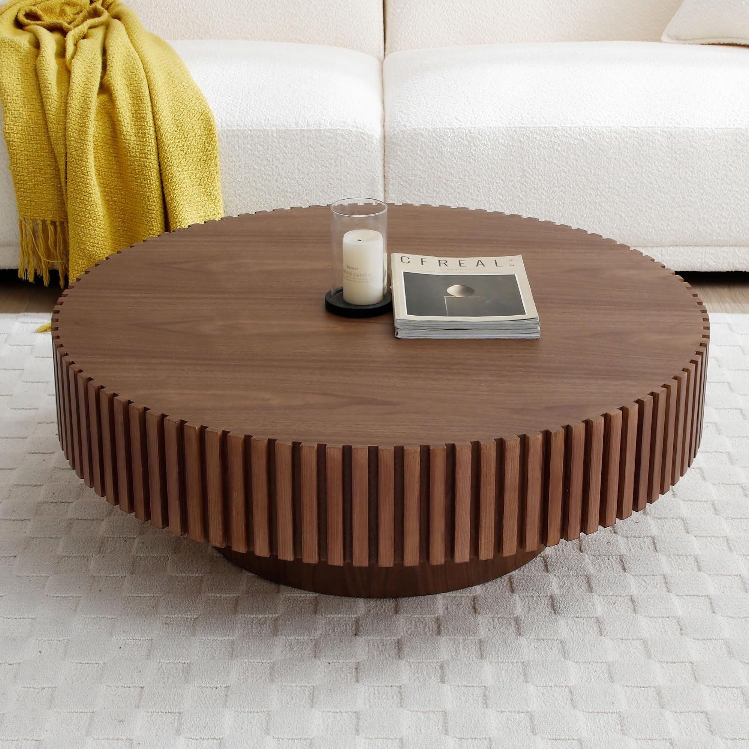 JUSTONE 31.49' Round Coffee Table, Farmhouse Wood Accent Table for Living Room,Circle Drum Coffee Table with Handcrafted Relief for Apartment ø31.49'' x 13.77''H (Walnut)