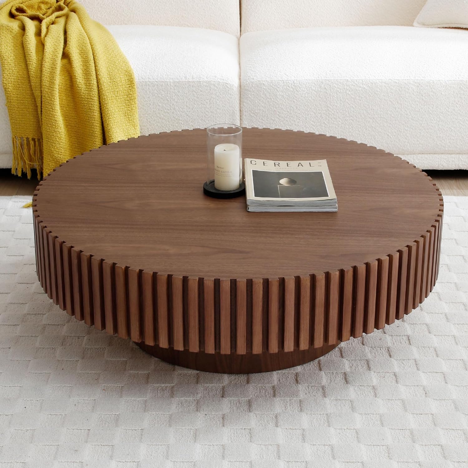 JUSTONE 39.4' Round Wood Coffee Table for Living Room - Modern Farmhouse Walnut Drum Center Table with Artisanal Carved Detailing, No Assembly Required (39.4' Diameter x 13.4' Height)