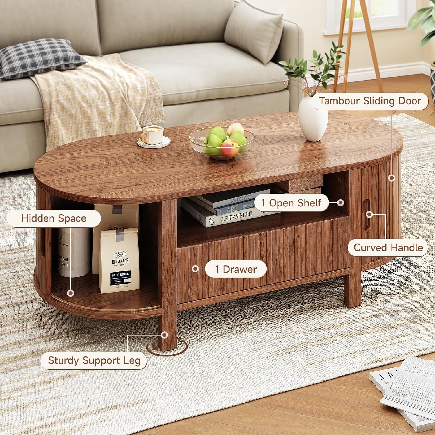 ONBRILL 47.2 Inch Oval Coffee Table with Storage, Mid Century Modern Coffee Table with Drawer, Center Table with Sliding Door and Wood Fluted Handle for Living Room, Walnut