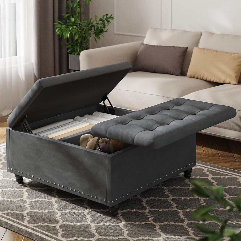 FUXA 35 Inch Large Square Ottoman with Storage, Oversized Ottoman Coffee Table with Lift Top and Wood Legs, Tufted Upholstered Storage Ottoman Bench for Living Room (Gray)