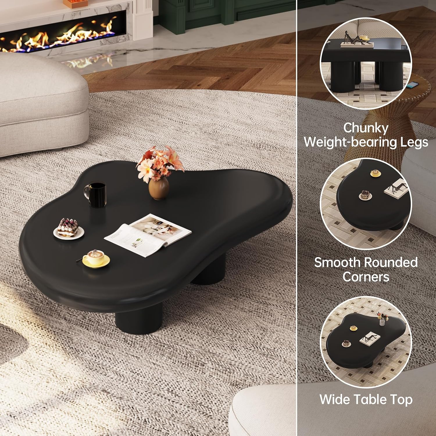 35.43' Black Cloud Coffee Table, Modern Round Edge Coffee Table with 4 Sturdy Support Legs and 2.28' Thick Tabletop,Easy Match for Living Room, Bedroom, Balcony,Patio