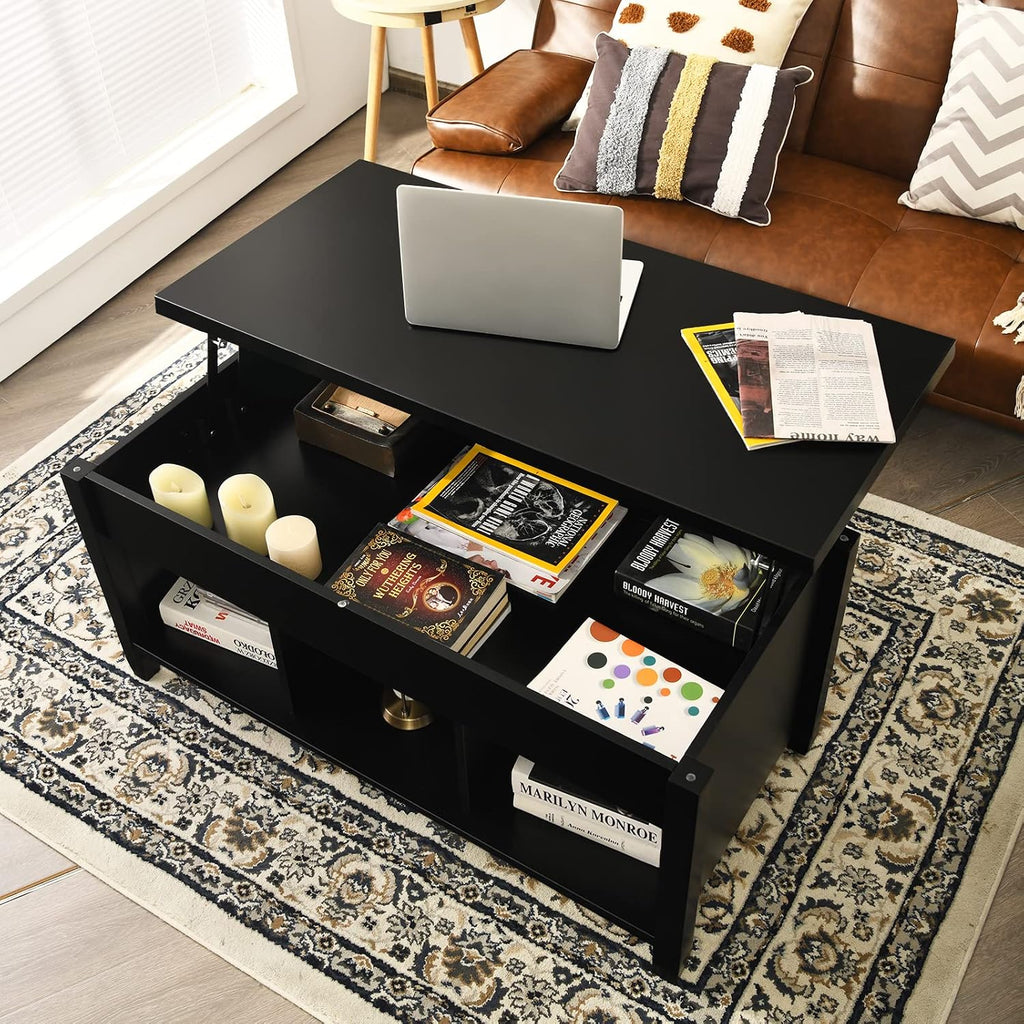 Tangkula Wood Lift Top Coffee Table, Modern Coffee Table w/Hidden Compartment and Open Storage Shelf for Living Room Office Reception Room (Black)