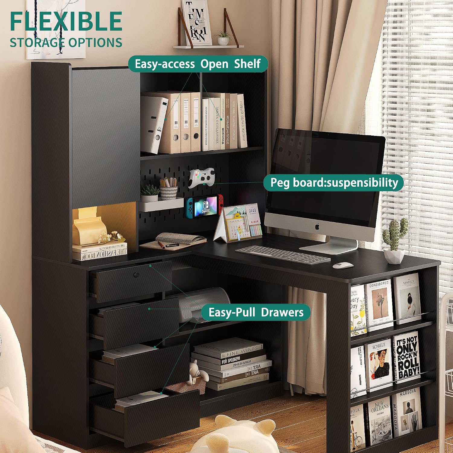 Black L-Shaped Home Office Desk with Hutch & Drawers, Modern Corner Desk with LED Light & Bookshelf, Wood Study Writing Table Gaming Computer Desk for Bedroom, Home