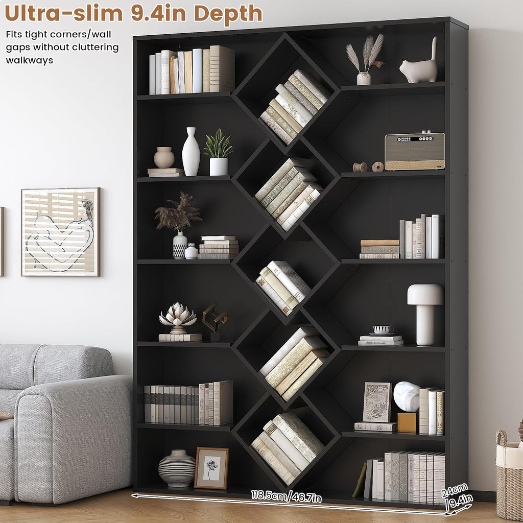 Winkalon 71' Triple Wide Bookshelf, 6-Tier Bookcase with Diamond Accent Compartments, Space-Saving Storage Cabinet for with 17 Open Display Shelves for Living Room, Bedroom, Home Office (Black)