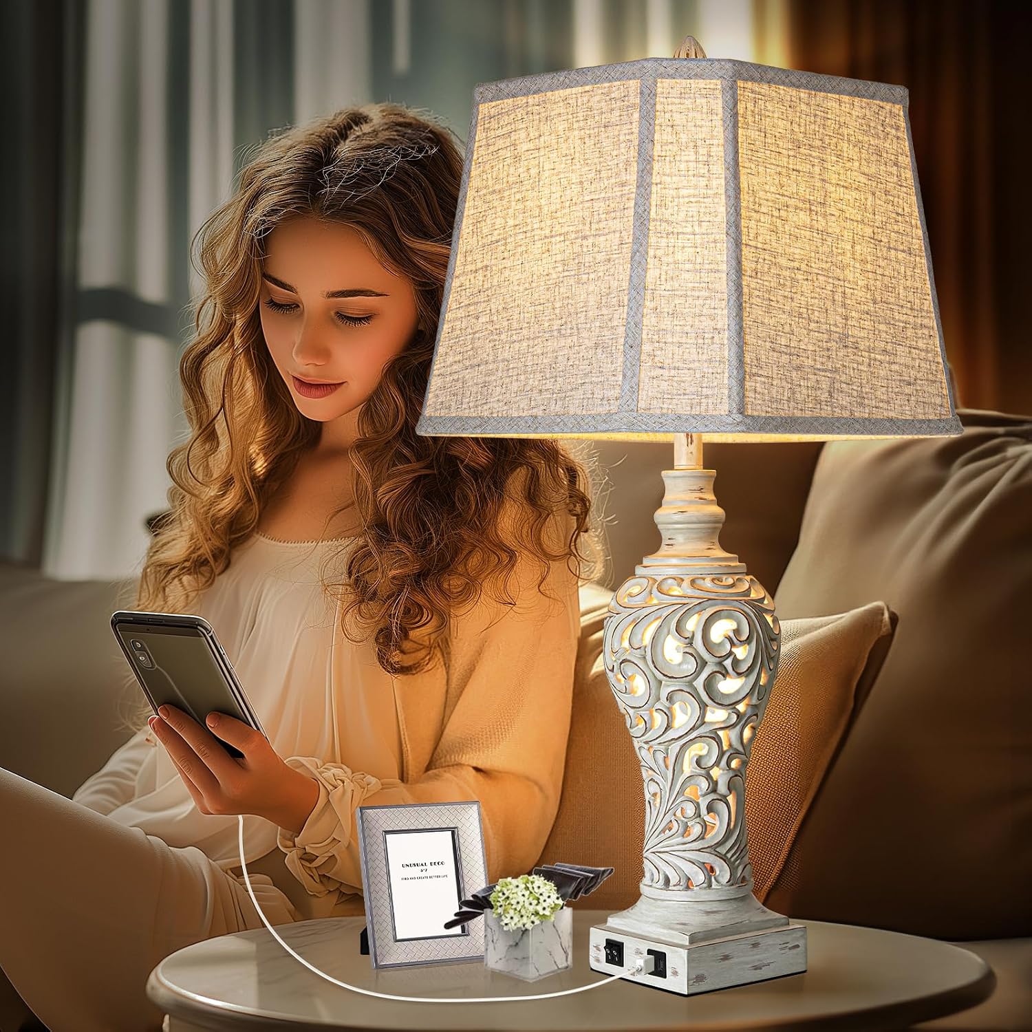 LuxSight Collection 32' Tall Table Lamps Set of 2 - Bedside Lamp with Fabric Shades - for Bedroom and Living Room with USB and Nightlight - Perfect for Nightstands and Bedrooms - Bulbs Included