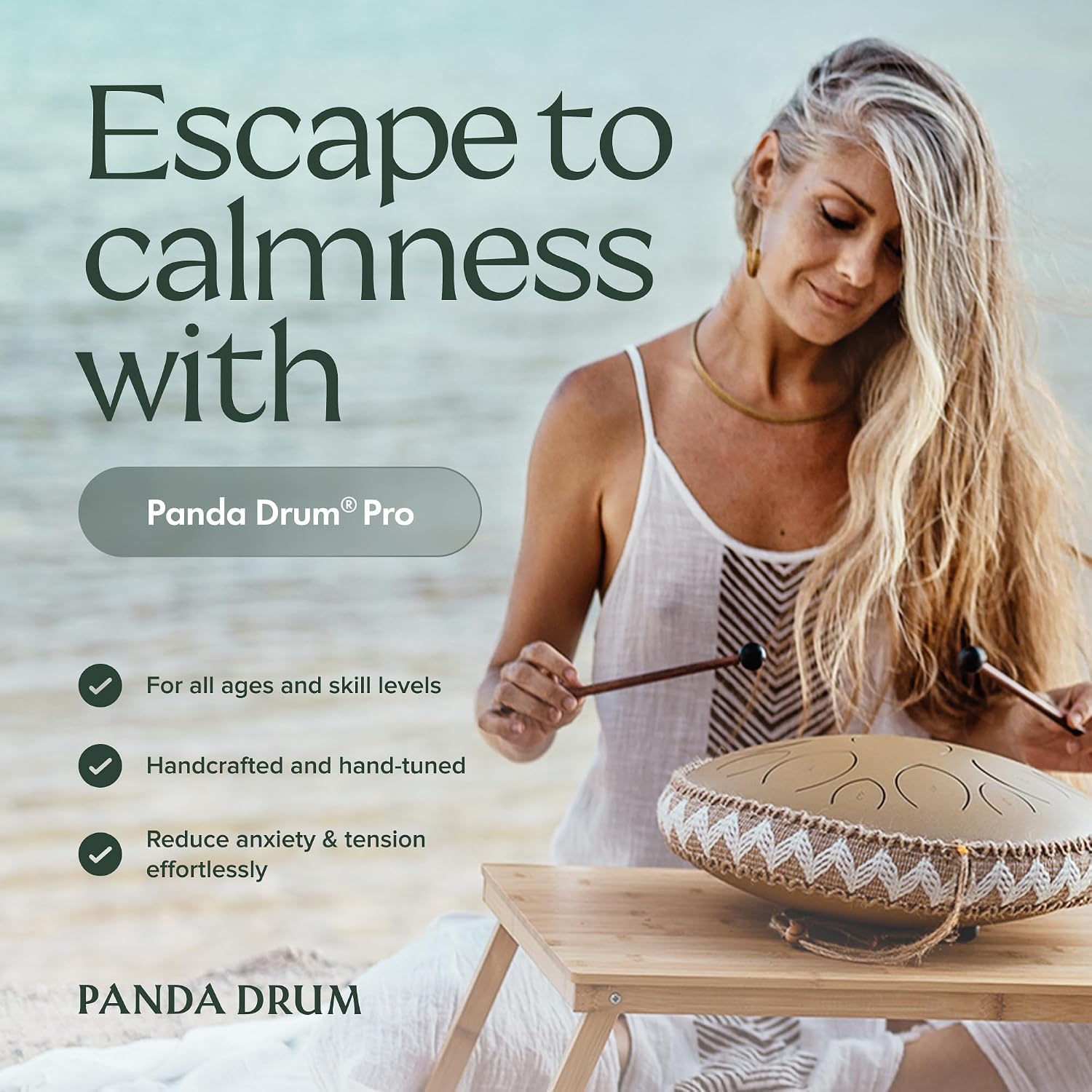 Panda Drum Pro (Sandstone) | Steel Tongue Handpan with Music Book, Mallets, Carrying Bag & Finger Picks | 15 inch, 432 Hz | Rain Drum for Inside, Outside | Calming Musical Instrument for Adults, Kids