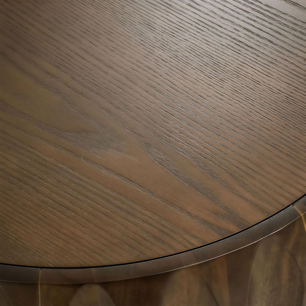 31.5'' Walnut Round Wood Coffee Table for Living Room, Modern Contemporary Circle Fluted Drum Pedestal Coffee Table, Natural Wood Grain & Easy Assembly, Walnut