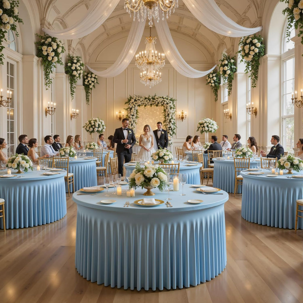 6 Pack Spandex Dusty Blue Round Tablecloths for 60in Tables, Stretchy 120inch Fitted 5FT Round Table Cloths, Wrinkle Free Table Cover with Skirt for Wedding Birthday Party Bridal Shower Banquet