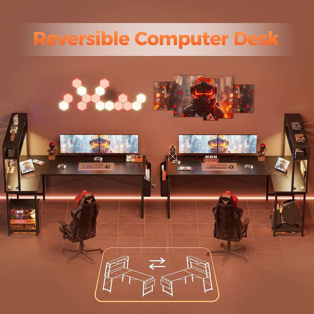 Mericonia 59 inch Large L Shaped Desk with Pegboard Hutch & Shelves, Corner Gaming Desk with Power Outlet, LED Light & Storage Bag, Reversible Computer Desk for Home, Bedroom, Office Workspace, Black